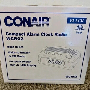 Conair Compact Alarm Clock Radio WCR02 Black‎ Easy to Set Wake to Buzzer or FM